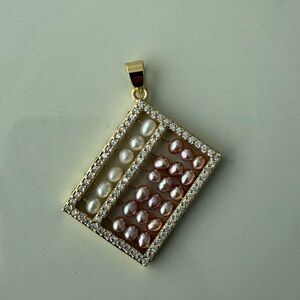 Freshwater Pearl Geometric Pendant Necklace | Pink & White Mini Pearls Gold Tone